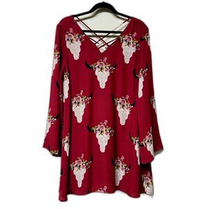 ALTAR'D STATE O'Keefe Longhorn Dress Deep Red Long Sleeve, Sz M